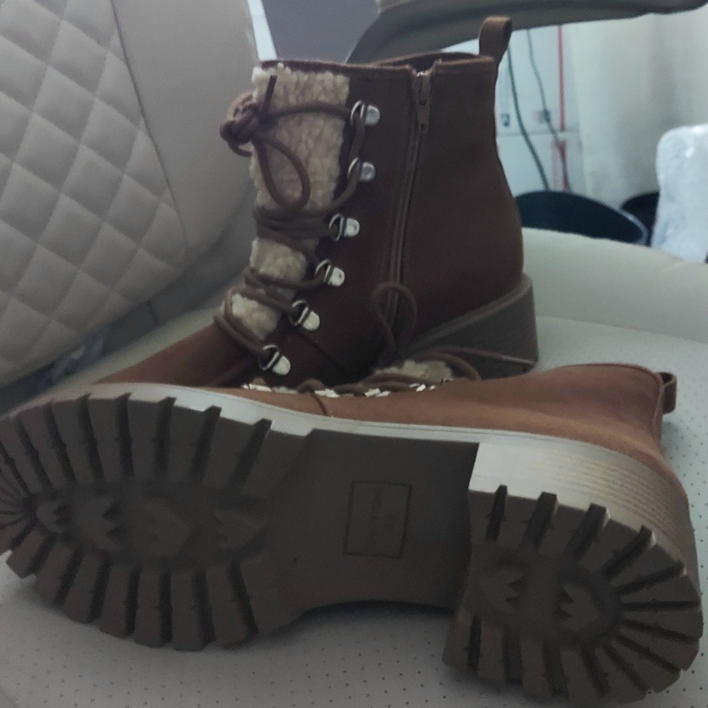Sun + Stone Brown Lace Up Boots with Cream Accents - Picture 3 of 4
